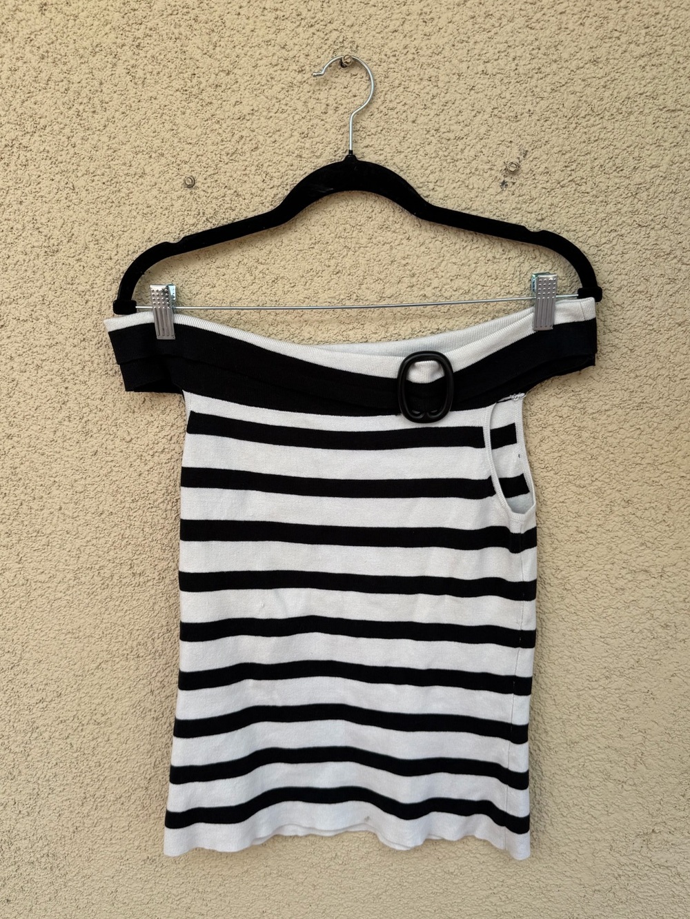 Spenser Jeremy Black and White Off-Shoulder Striped Top with Belt Detail